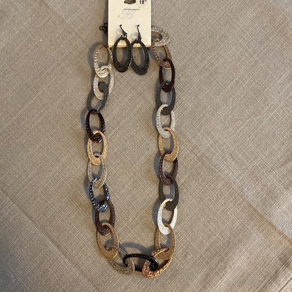 TriTone Textured Link Necklace & Earring Set Bronze Silver and Gold Tone New - Picture 5 of 6